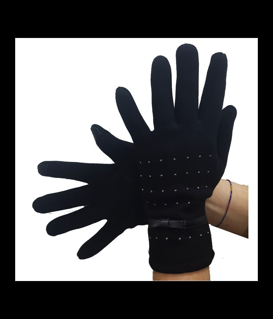 Guanti Tessuto Cotone Donna Nero Fiocco Glitter Taglia 8 1/2 Gloves Fodera         