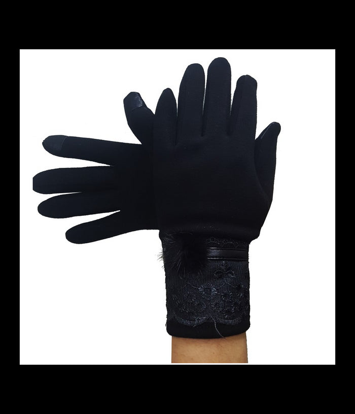 Guanti Tessuto Cotone Donna Nero Pon Pon Pizzo Taglia 8 Gloves Fodera Pile         