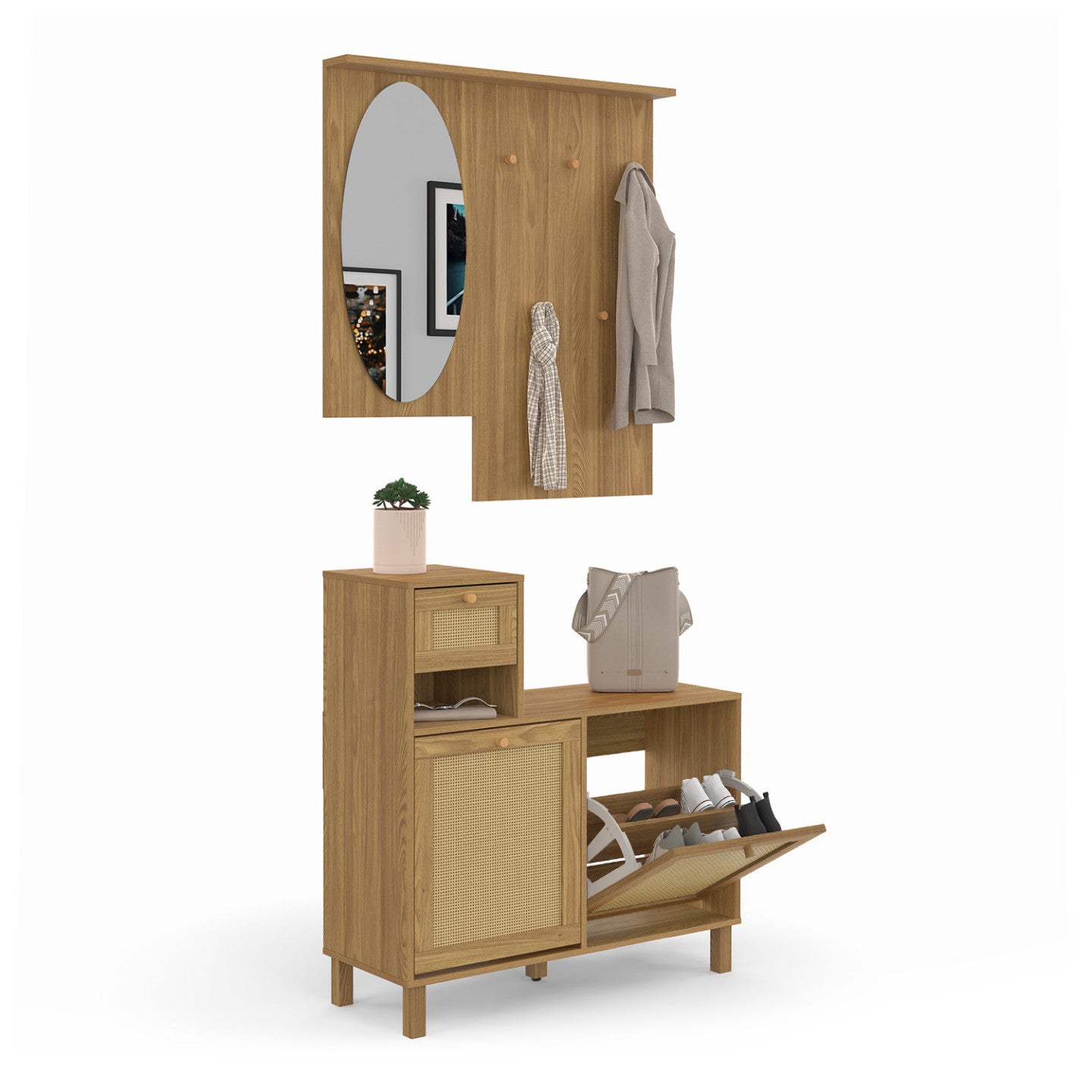 IDMarket - Guardaroba d'ingresso con specchio effetto canna naturale HANAE