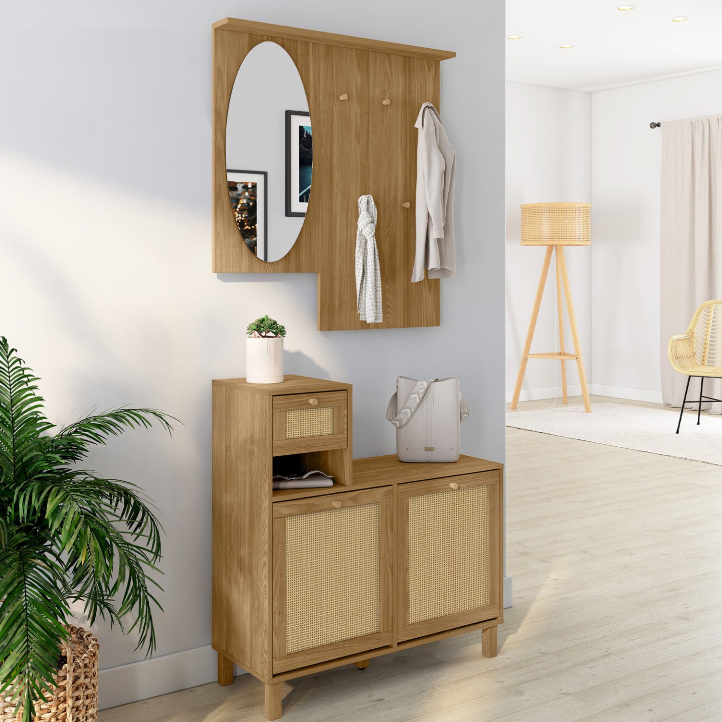 IDMarket - Guardaroba d'ingresso con specchio effetto canna naturale HANAE
