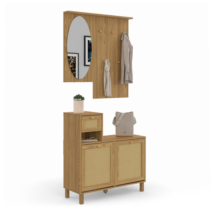 IDMarket - Guardaroba d'ingresso con specchio effetto canna naturale HANAE