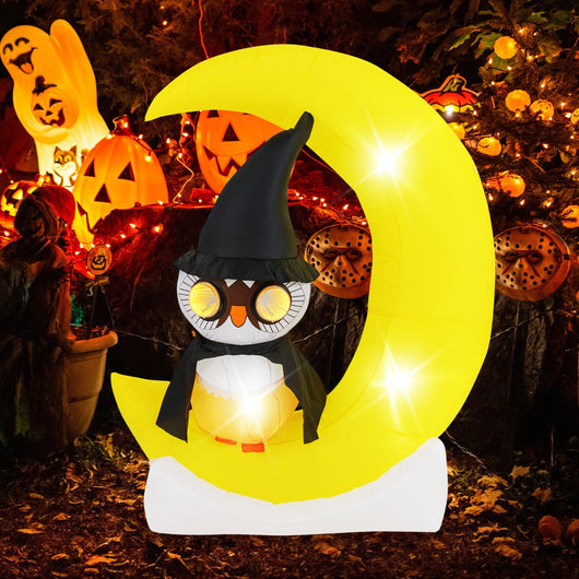 Gufo inflabile su luna da 130x155cm con led grande luna e gufo mago, Decorazione di halloween illuminata-Halloween