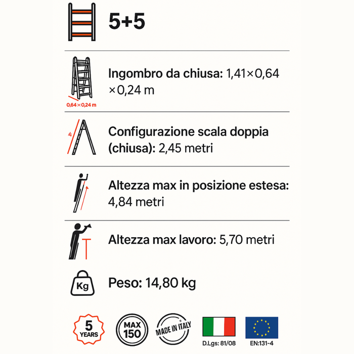 Scala telescopica alluminio 5+5 multifunzione pieghevole regolabile en131-4