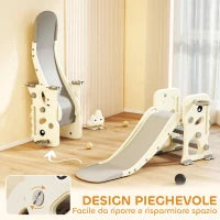 Scivolo per Bambini Pieghevole con Canestro e Palla da Basket, in PP e HDPE, 146x52x65 cm, Grigio e Crema