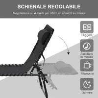 Lettino Prendisole in Acciaio e Tessuto Traspirante con Schienale Reclinabile, 189x58x30 cm, Nero