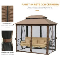 Dondolo 3 Posti da Giardino Convertibile in Lettino con Gazebo, con Zanzariera e Cuscini, 257x175x240cm Cachi