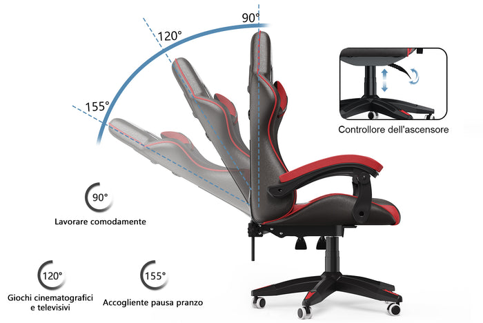 Sedia gaming ergonomica - RATTANTREE - con Supporto Lombare Sedia da Gioco in Pelle Pu con Altezza Regolabile - Rouge