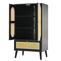 Credenza Moderna e Compatte in Rattan, con 2 Ante e 1 Cassetto, per Soggiorno e Sala da Pranzo, 60×40×110.5 cm, Nero