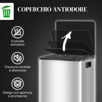 Bidone Immondizia a 2 Sezioni da 20L a Pedale con Coperchio Silenzioso, in Acciaio Inox e PP, 41.8x36.7x58 cm