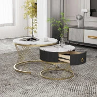 Set di 2 Tavolini da Salotto Moderni Modulari in Marmo Sintetico con Dettagli Dorati e Cassetti, Dimensioni 70x70x45 cm e 50x50x40 cm, Bianco