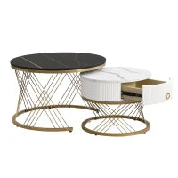 Tavolini Rotondi Modulari in Marmo Sintetico, con Dettagli Dorati e Cassetto, Dimensioni 70x70x45 cm e 50x50x40 cm, Nero e Bianco