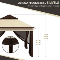 Gazebo 3x3 Regolabile su 3 Livelli con Pareti Rimovibili, in Acciaio e tessuto Oxford, color Caffè e Beige