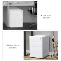 Cassettiera da Ufficio 3 Cassetti in Acciaio con Serratura e Rotelle, 39x48x59cm, Bianco