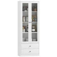 Credenza Cucina con Armadietto e 2 Cassetti, Ante in Vetro e Ripiani Regolabili, 59x30x164 cm, Bianco