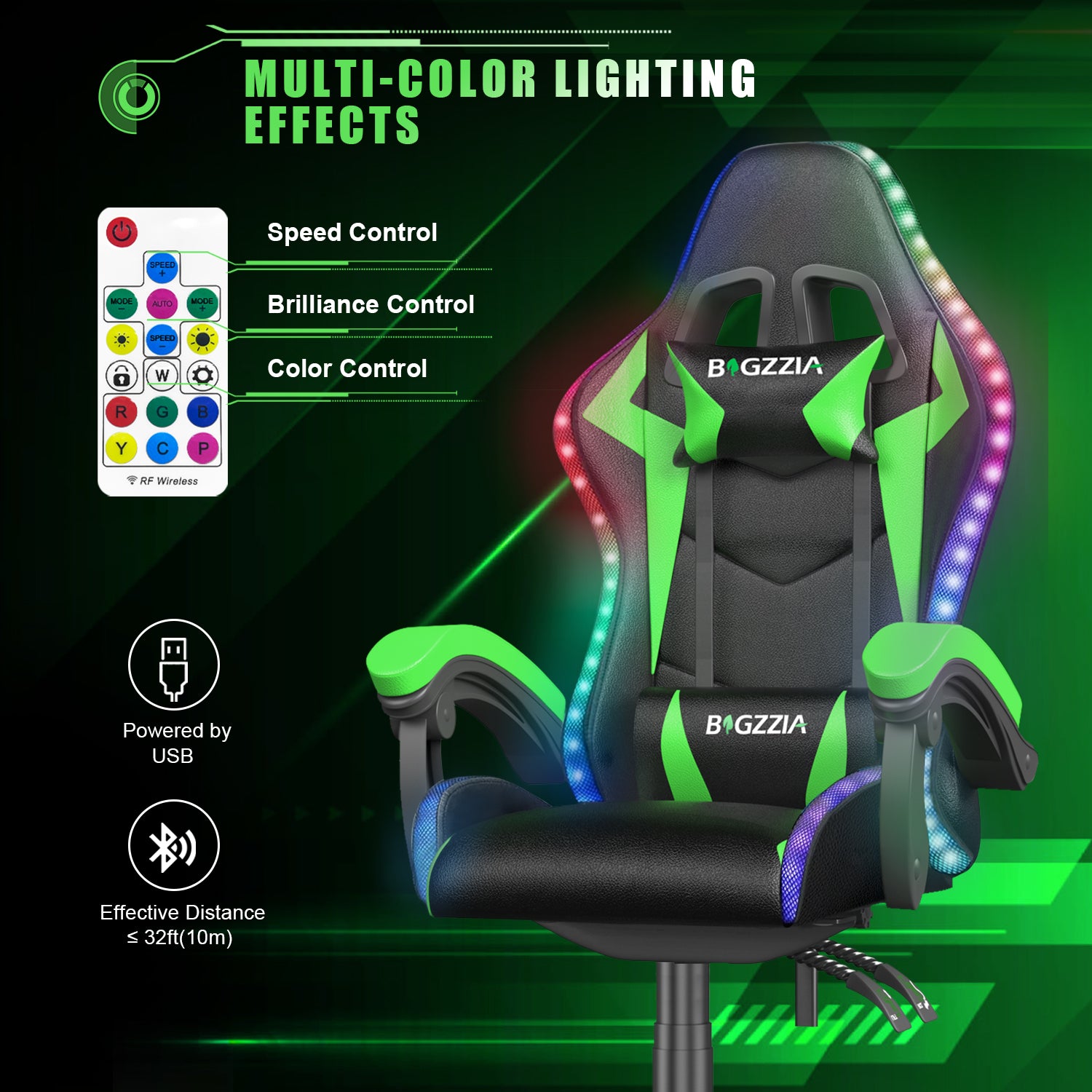 Sedia Gaming RGB LED - RATTANTREE - Sedia poltrona da gaming per ufficio videogiochi reclinabile - sedia gaming ergonomica in Pelle Pu - con Poggiatesta - Verde