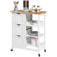 Carrello da Cucina con Ruote, Piano di Lavoro in Legno, 3 Cassetti e 1 Piano Removibile, 67 x 37 x 85,5 cm, Bianco