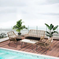 Set Mobili da Giardino Stile Boho in Rattan PE con 2 Poltrone, Divanetto e Tavolino
