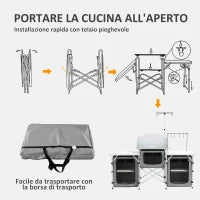 Cucina da Campeggio Pieghevole a 3 Piani con 5 Ripiani Interni e 4 Ganci, 172x48x119 cm, Grigio e Argento