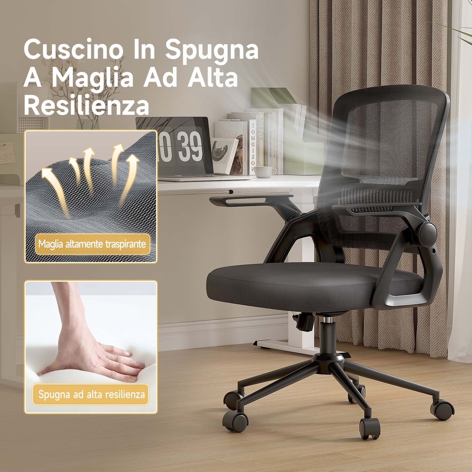 Sedia Ufficio Ergonomica - RATTANTREE - Con Braccioli Pieghevoli, Rete Respirante, Funzione Oscillante 90-105° - Nero