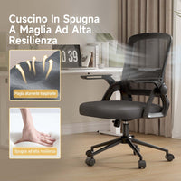 Sedia Ufficio Ergonomica - RATTANTREE - Con Braccioli Pieghevoli, Rete Respirante, Funzione Oscillante 90-105° - Nero