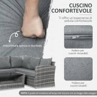 Set Mobili da Giardino in Rattan PE da 4 Pezzi, Salotto con Divano Angolare e Tavolino con Vetro, Cuscini Imbottiti e Sfoderabili, Grigio