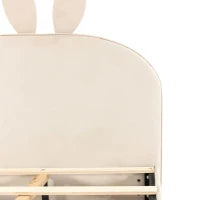 Letto imbottito con testiera a forma di coniglio, letto per bambini con doghe in legno, senza materasso, 90×200 cm, Beige