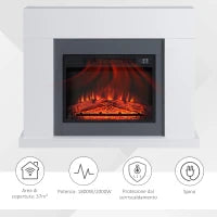 Camino Elettrico a Parete con LED Effetto Fiamma e Timer, Copertura 37m², 2000W - Bianco