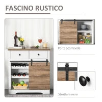 Mobile da Cucina Rustico con 2 Cassetti, Ripiani Aperti e Portabottiglie, in Legno e Metallo, 80x39x86 cm