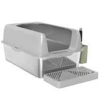 Lettiera per Gatti con Gradino, Paletta e Box Portaoggetti, in Acciaio Inox e ABS, 60.2x40.6x29 cm, Grigio Chiaro