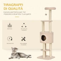 Albero Tiragraffi Robusto per Gatti con 5 Livelli, Cuccia, Casetta, Giochi e Corda Sisal, Beige, Max 30kg