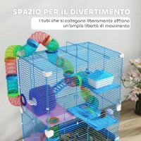 Gabbia per Criceti a 5 Livelli con Tubi, Ruota, Scale, Casetta e Bottiglia, 46x30x58 cm