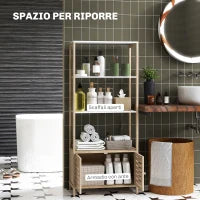 Mobile Bagno in Bambù con 3 Ripiani e Armadietto Inferiore, 63x30x138 cm, Color Legno e Bianco
