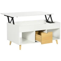 Tavolino da Salotto Rettangolare con Piano Sollevabile, 1 Cassetto, 2 Ripiani Aperti, in Legno, Bianco