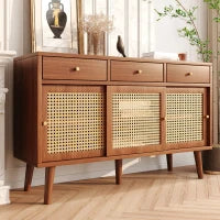 Credenza con 3 Cassetti e 3 Ante Scorrevoli con Intreccio di Rattan, Ripiani Regolabili, per Cucina e Soggiorno, 120×40×78 cm, Colore Noce