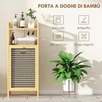 Mobile Bagno a Doghe con Cesto Portabiancheria e Armadietto, in Bambù e Poliestere, 40x30x95 cm, Grigio e Legno