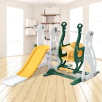 Scivolo per bambini 4-in-1 con altalena, scala e canestro da basket, regolabile in altezza, facile da montare, 113×100×94,5 cm,Verde Antico