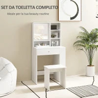 Set Toeletta da Trucco con Tavolino e Sgabello, Specchio e Ripiani in Legno, Bianco