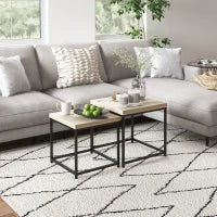 Set di 2 Tavolini Bassi Quadrati da Salotto in Telaio di Acciaio e Piani in Pannelli di Particelle, Legno Naturale