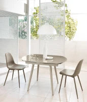 E-STYLO Tavolo allungabile con top tortora in vetro temperato e gambe in metallo tortora, 90cm X 120/180cm H. 76cm.