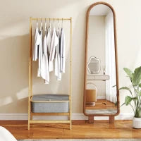 Stender per Abiti Pieghevole in Bambù con Cesto di Stoffa con Coperchio per Ingresso Camera da Letto 60x44,5x157,5 cm Grigio