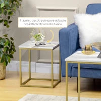 Tavolino da Salotto Set 2 Pezzi Impilabile con Piano in Truciolato e Struttura in Acciaio, Bianco e Oro