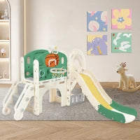 Scivolo combinato per bambini con scivolo lungo, scatola portaoggetti, tunnel, scala a pioli e canestro da basket, facile da montare e comodo da riporre, 152×186×110 cm,Verde Antico