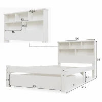 Letto Singolo con Cassetti e Rete a Doghe, Libreria, Senza Materasso, 90x200 cm, Bianco