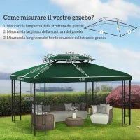 Copertura per Gazebo 4x3 m a 2 Livelli in Poliestere con Cinghie e 10 Fori di Drenaggio, Verde