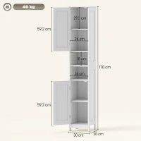 Mobile Alto Bagno con 2 Ripiani Aperti e 2 Armadietti con Scaffali Regolabili, in Legno, 30x30x170 cm, Bianco