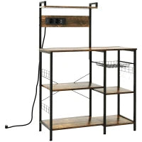 Scaffale Cucina Multipresa per Microonde con Ripiani e Cestino a Rete, 90x42x130cm, Marrone