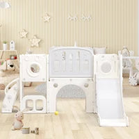 Scivolo Multifunzione 6-in-1 per Bambini con Rampa, Doppia Piattaforma, Armadietti, Canestro e Scala, in Polietilene ad Alta Densità, 174x150x95 cm - Scivolo da Giardino per Bambini, Grigio+Bianco