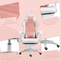 Sedia Gaming Ergonomica con Orecchie, Poggiapiedi Estraibile, Cuscino Lombare e Poggiatesta, Rosa