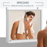 Armadietto Bagno a 2 Ante con Specchiera e Ripiano Regolabile in MDF, 48x14.5x45cm, Bianco