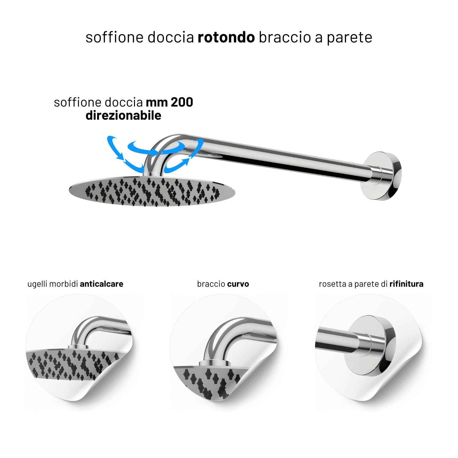 Set per doccia soffione tondo in acciaio inox 250 millimetri effetto spazzolato *** confezione 1